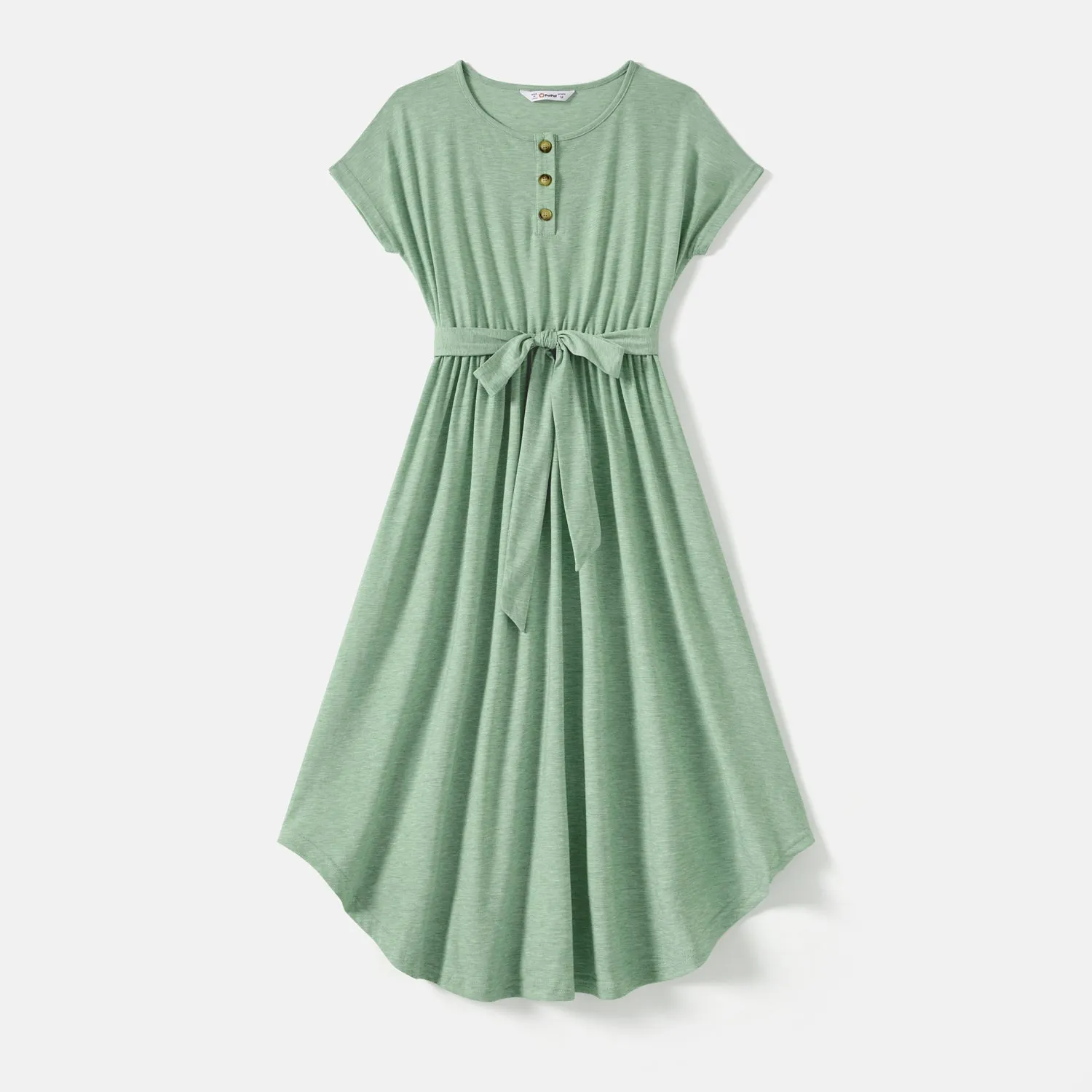 Family Matching Solid Short-sleeve Belted Dresses and Striped Colorblock T-shirts Sets