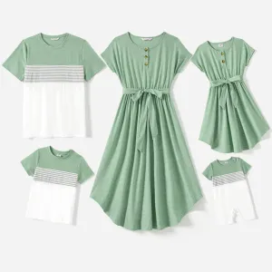 Family Matching Solid Short-sleeve Belted Dresses and Striped Colorblock T-shirts Sets