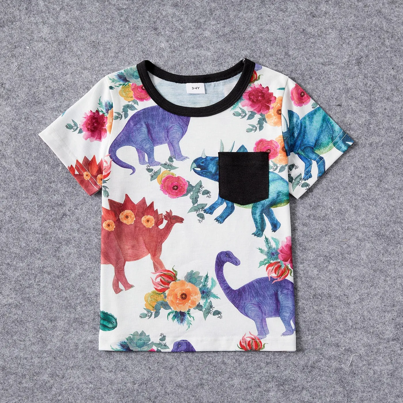 Family Matching Solid Short-sleeve Spliced Allover Dinosaur Print Belted Dresses and T-shirts Sets