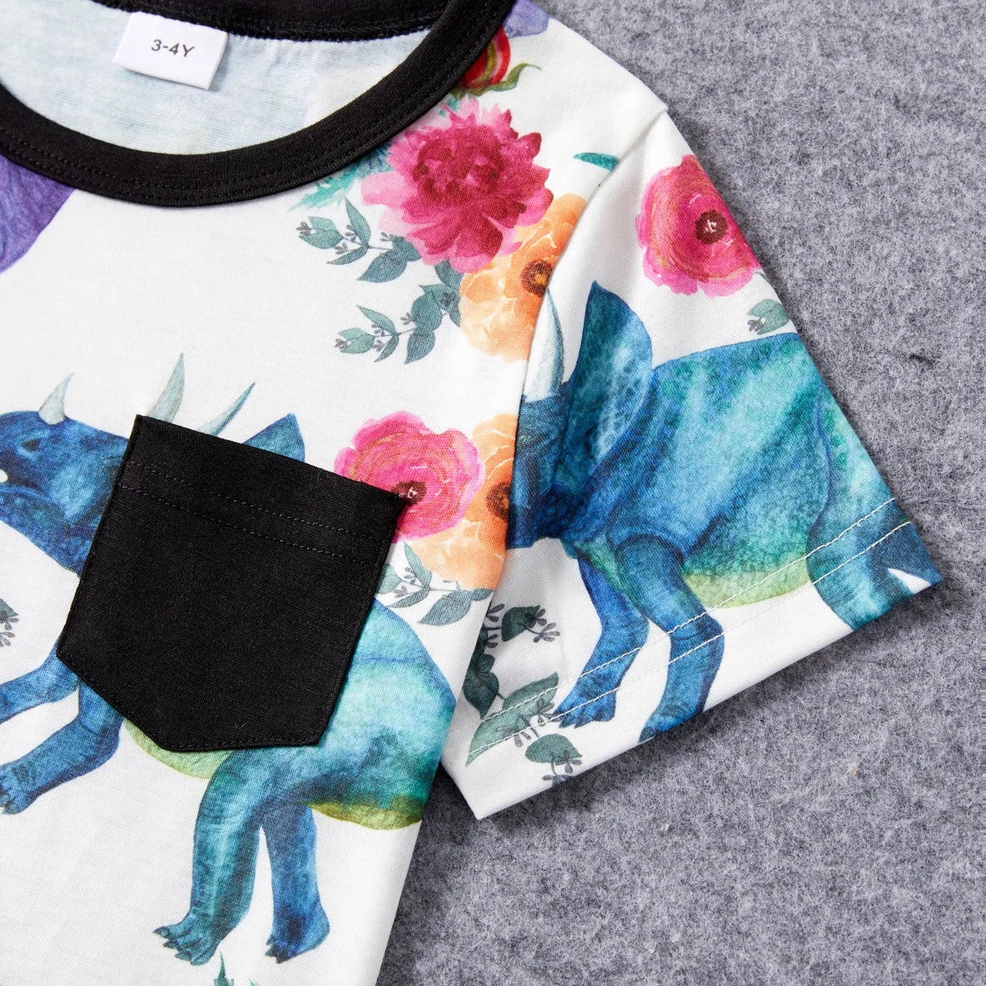 Family Matching Solid Short-sleeve Spliced Allover Dinosaur Print Belted Dresses and T-shirts Sets