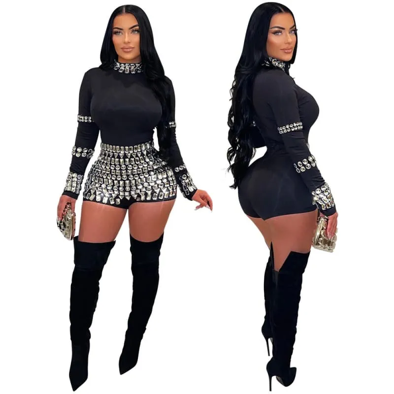 Fashion Rhinestone Slim Fit Bodysuit Women's Romper for Glam Vibes