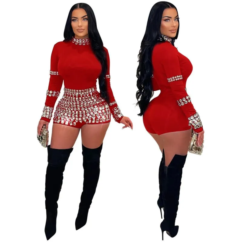 Fashion Rhinestone Slim Fit Bodysuit Women's Romper for Glam Vibes