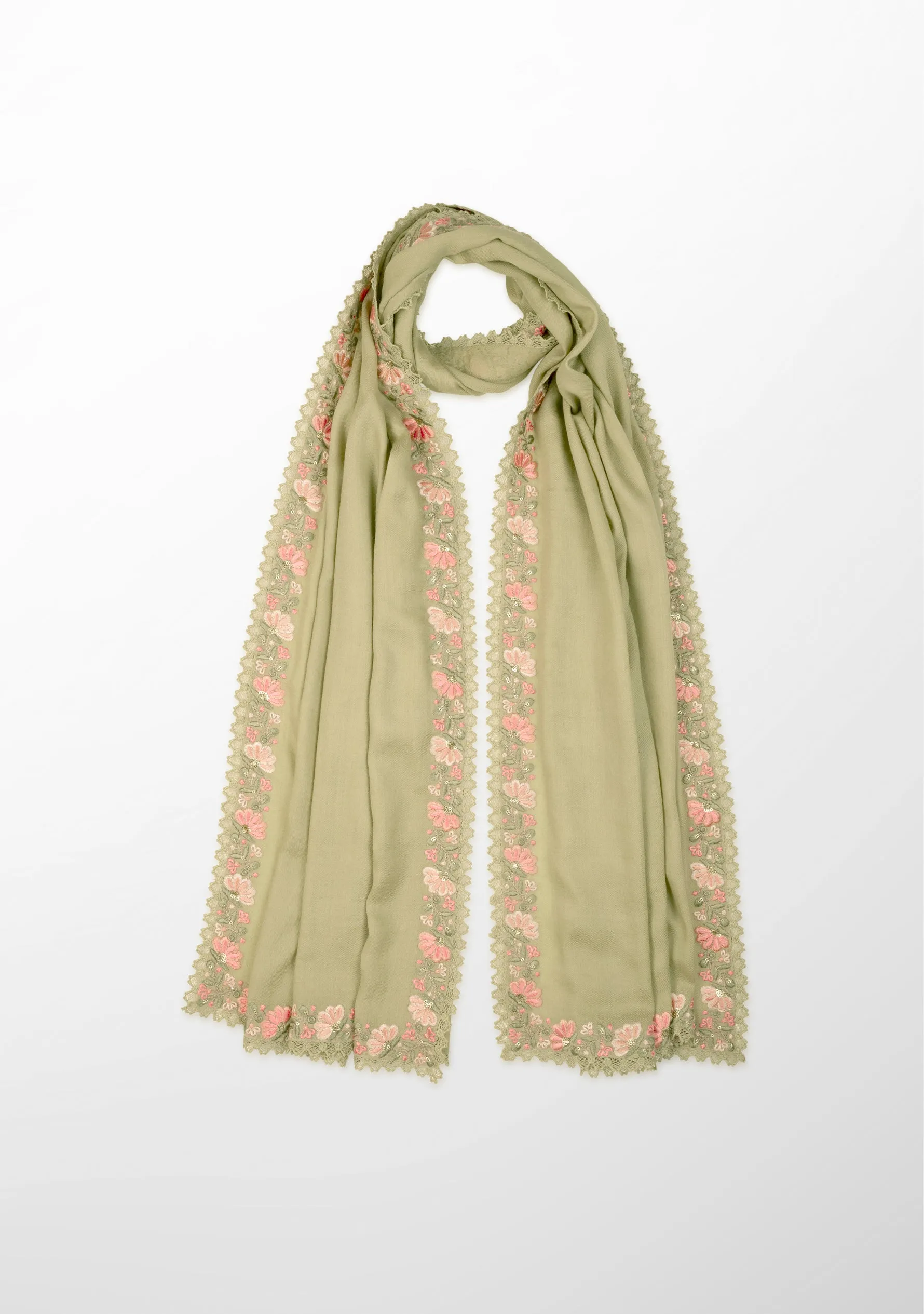 Fern Green Wool and Silk Scarf with Multicolor Embroidery Applique and Fern Green Lace Border