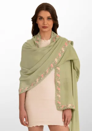 Fern Green Wool and Silk Scarf with Multicolor Embroidery Applique and Fern Green Lace Border