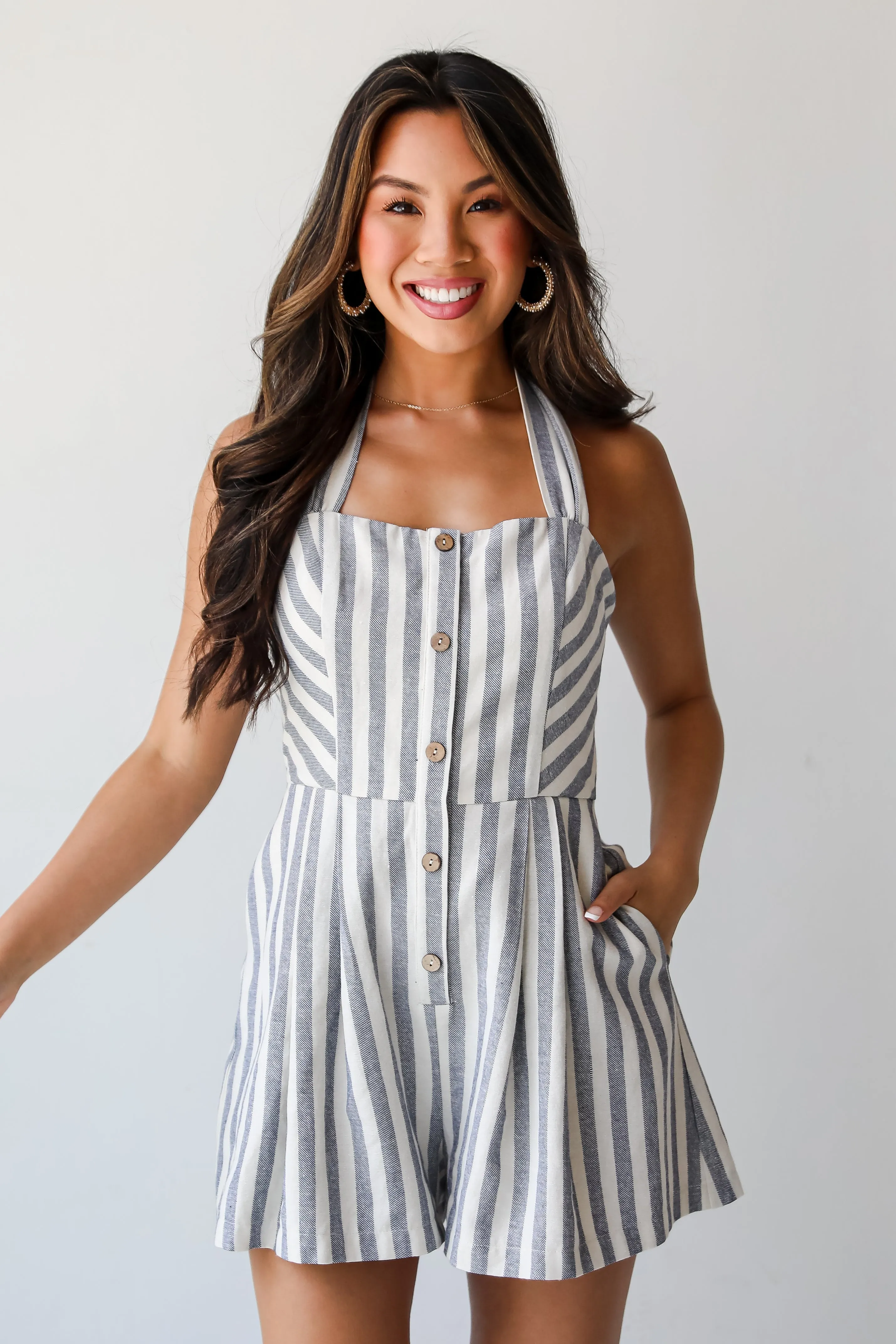 FINAL SALE - So Serene Navy Striped Halter Romper