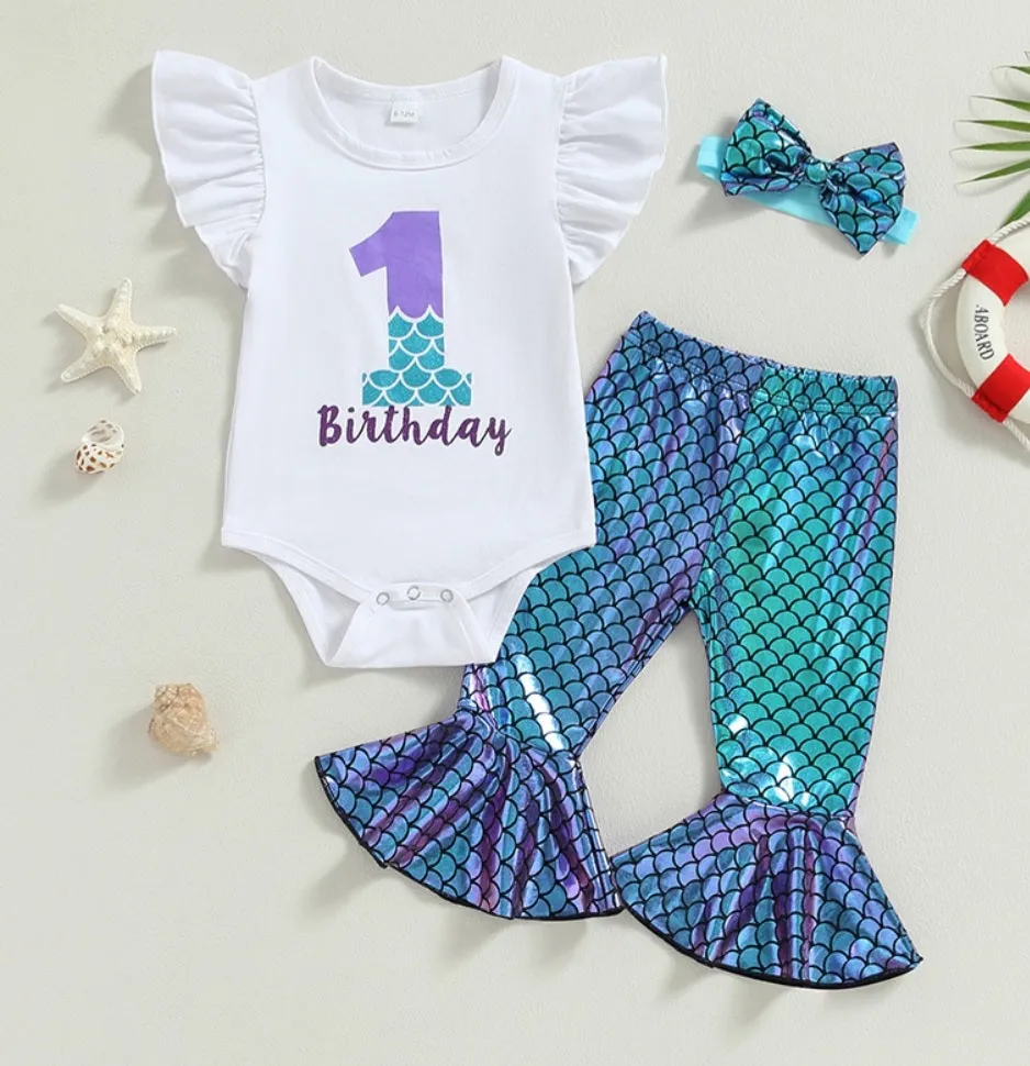 First Birthday Ruffle Sleeve Romper with Mermaid Bell Bottoms and Headband  #1000206