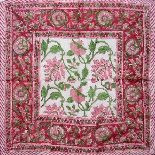 Floral Block Print Scarf Soft Light Cotton 20 x 20 Red n Pink