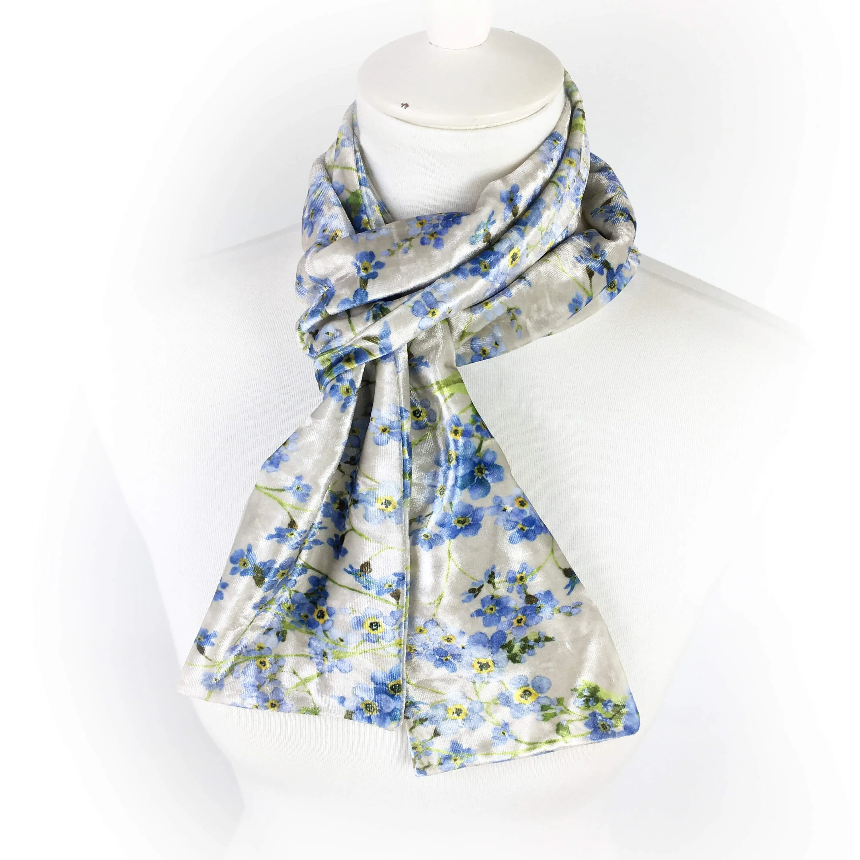 Forget-Me-Nots Velour Scarf, Womans Scarf, All season, Luminous Scarf, hand painted scarf, artist scarf, Wear all day or evening