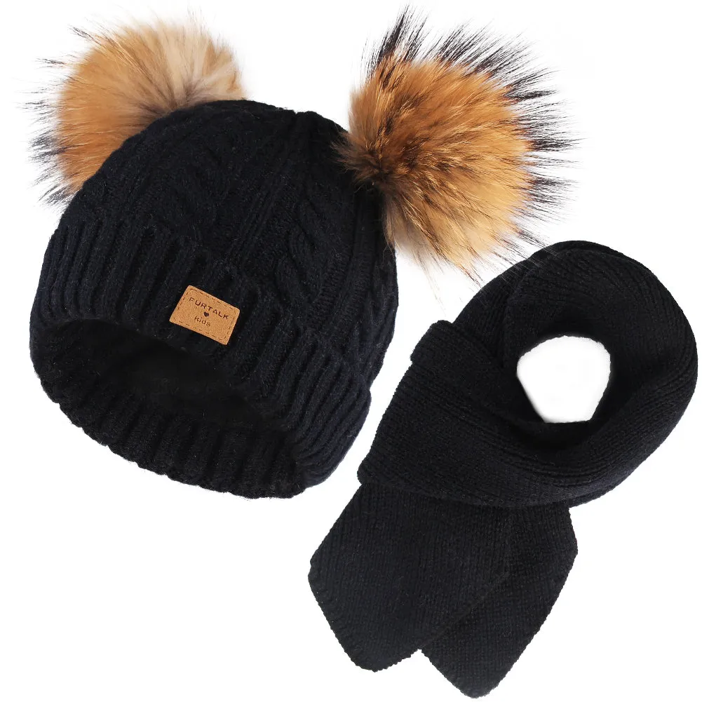 FURTALK Kids Winter Real  Fur Daul Bobble Hat Double Layer  Drop Shipping CH020