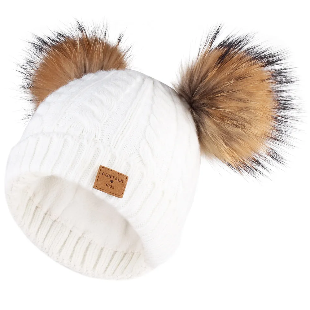 FURTALK Kids Winter Real  Fur Daul Bobble Hat Double Layer  Drop Shipping CH020