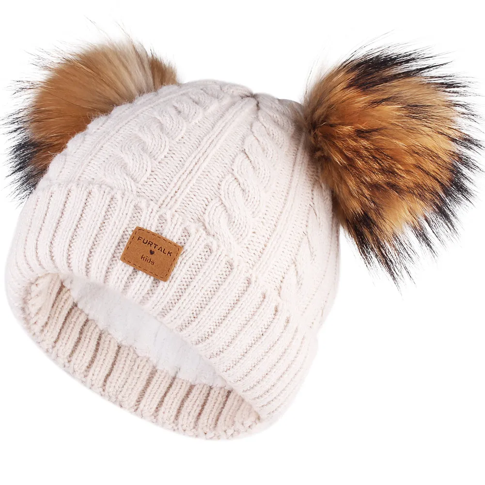 FURTALK Kids Winter Real  Fur Daul Bobble Hat Double Layer  Drop Shipping CH020