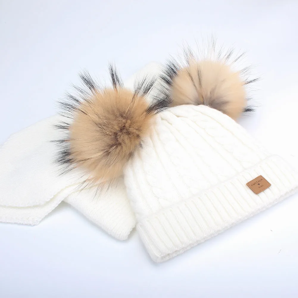 FURTALK Kids Winter Real  Fur Daul Bobble Hat Double Layer  Drop Shipping CH020