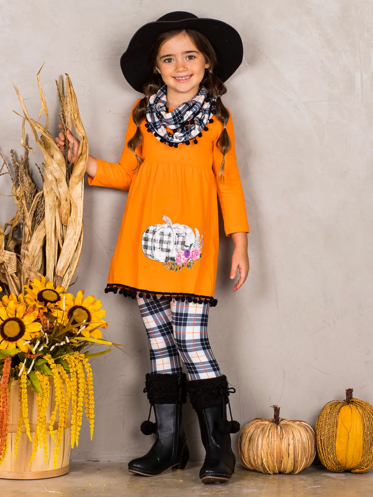 Girls Pumpkin Print Circle Trim Hem Long Sleeve Tunic, Plaid Leggings And Scarf Set