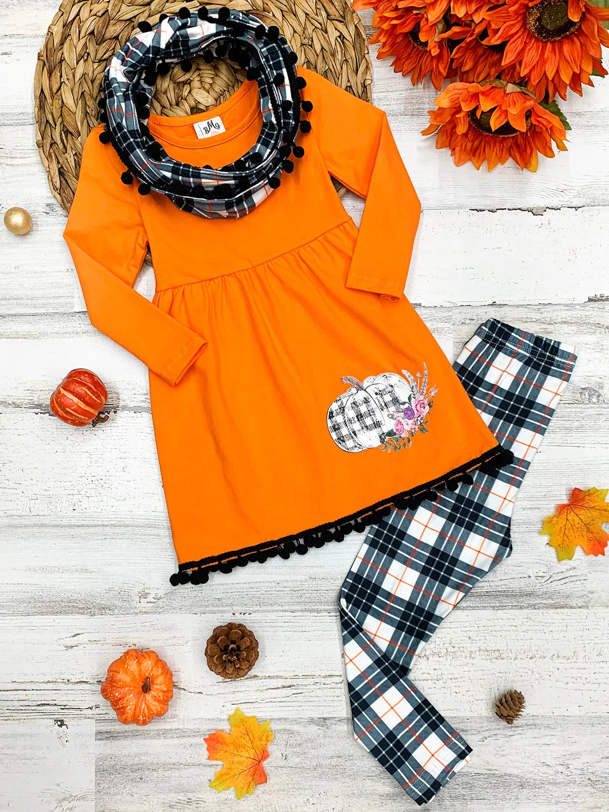 Girls Pumpkin Print Circle Trim Hem Long Sleeve Tunic, Plaid Leggings And Scarf Set