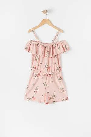 Girls Soft Pink Floral Cold Shoulder Peasant Romper