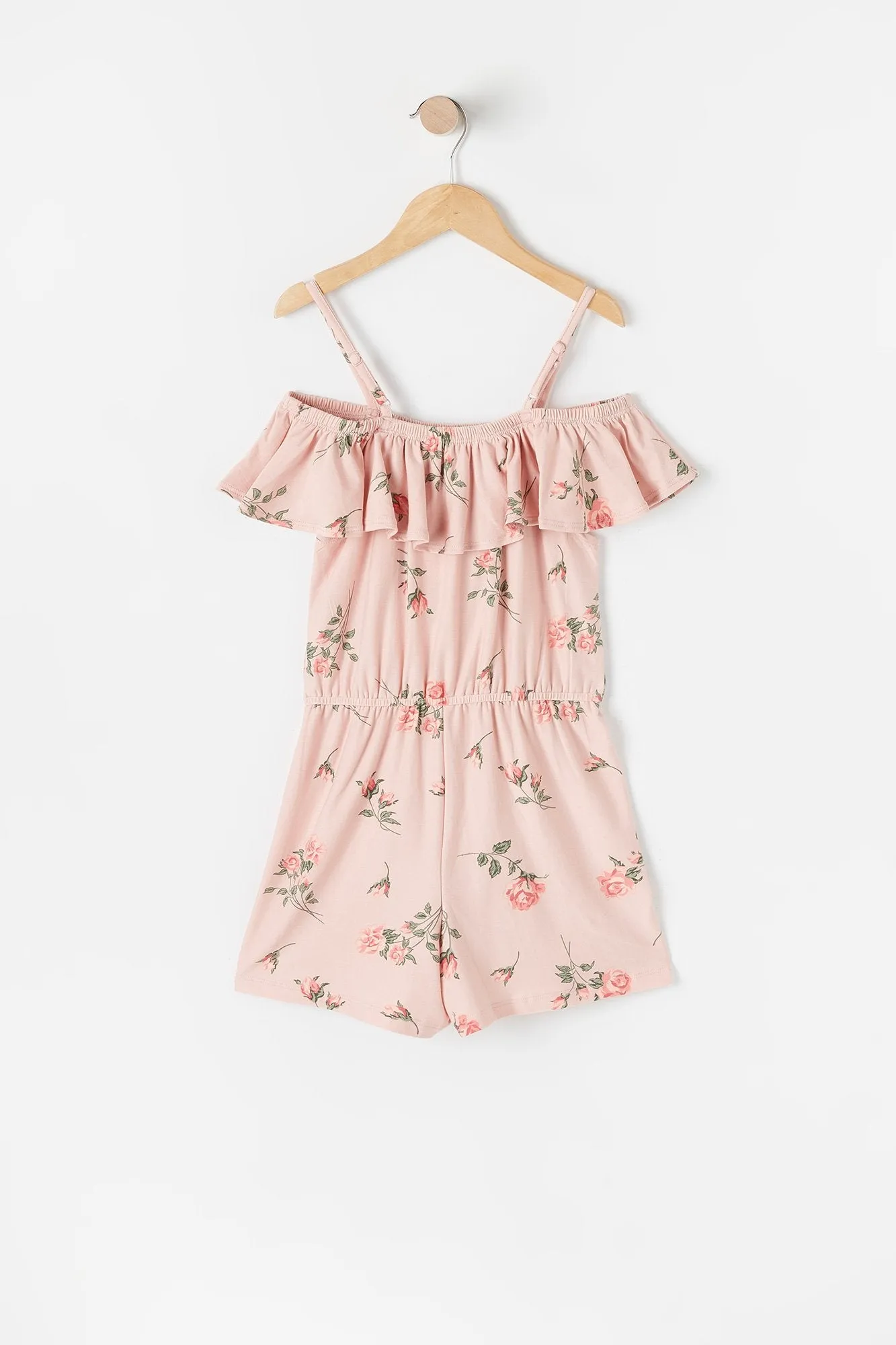 Girls Soft Pink Floral Cold Shoulder Peasant Romper