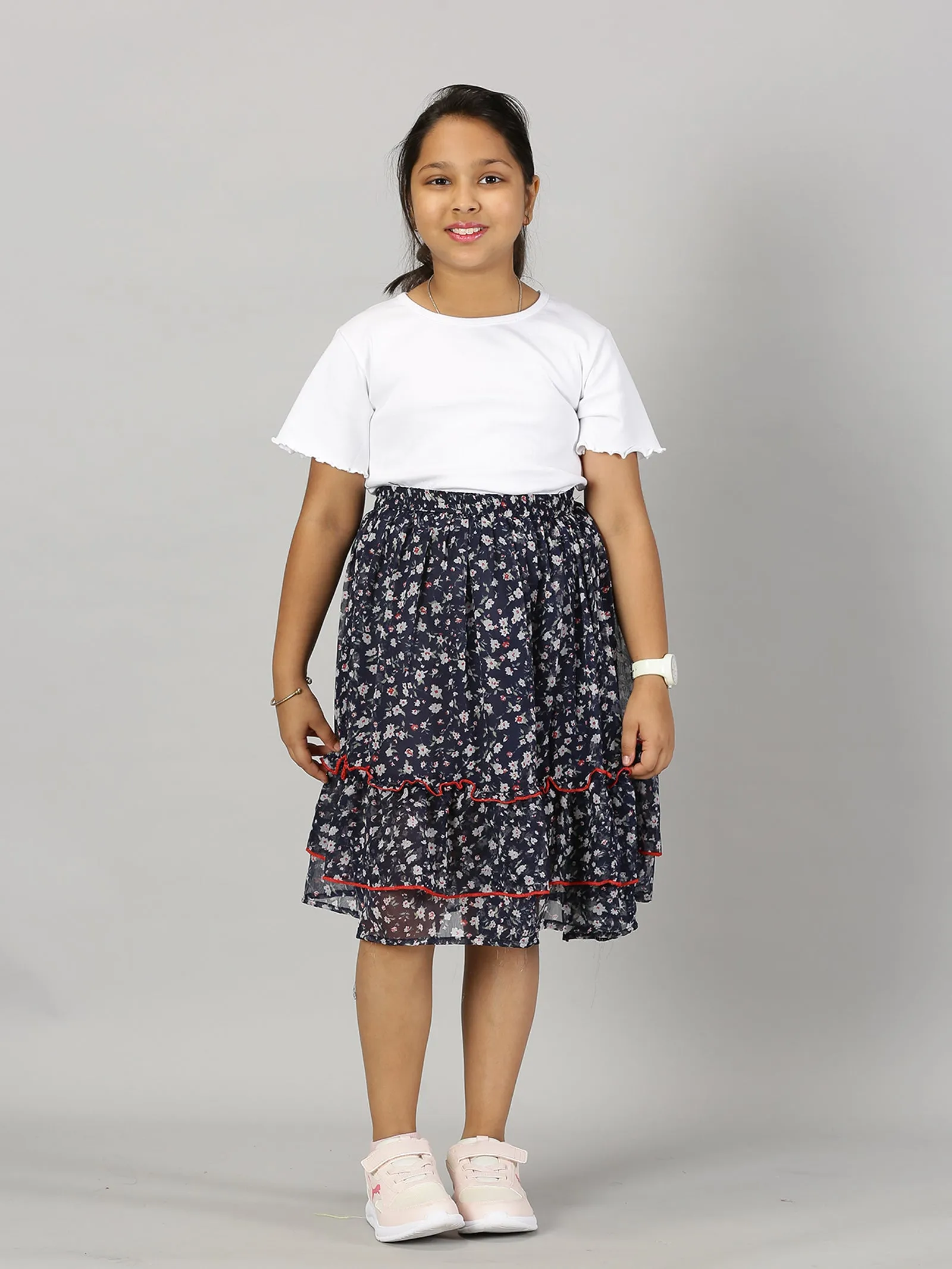 Girls Solid Crop Tee & Frill Layered Flared Skirt Set