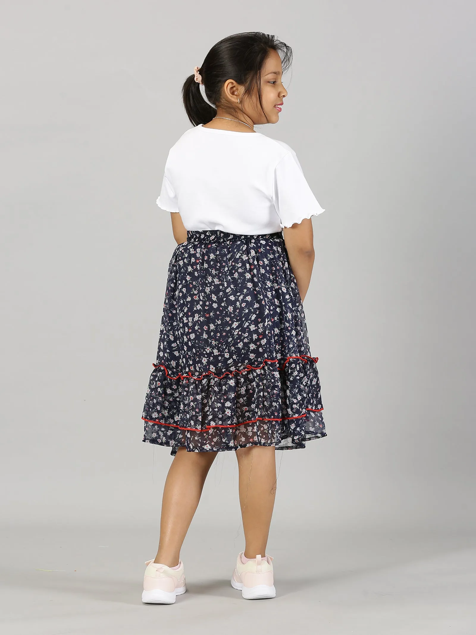 Girls Solid Crop Tee & Frill Layered Flared Skirt Set