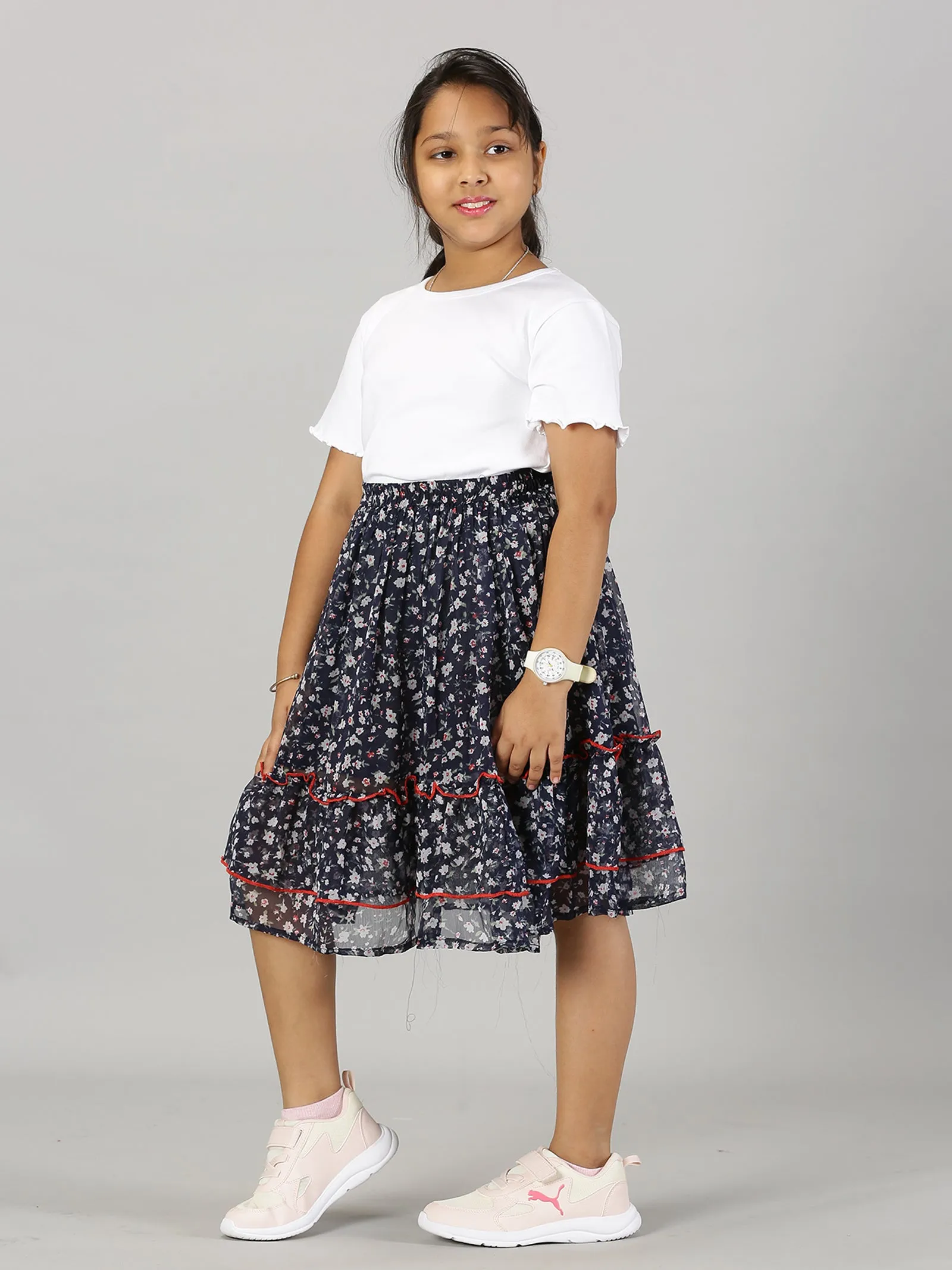 Girls Solid Crop Tee & Frill Layered Flared Skirt Set