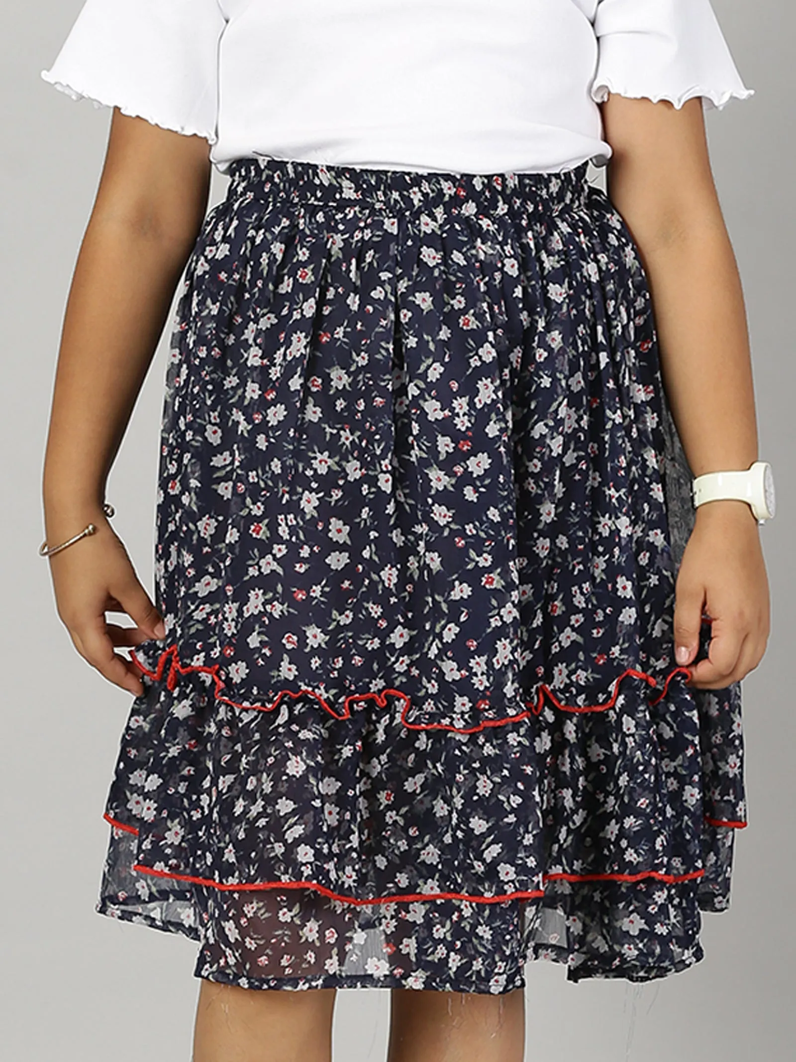 Girls Solid Crop Tee & Frill Layered Flared Skirt Set