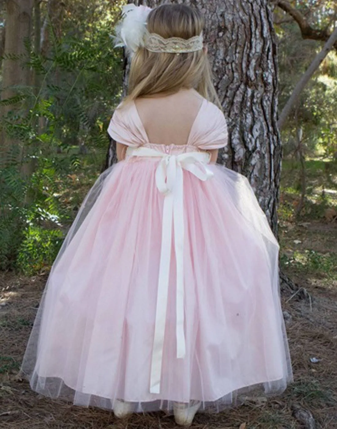 Glistening Satin Bodice and Tulle Overlay Skirt Dress With Pearl Belt - Blush