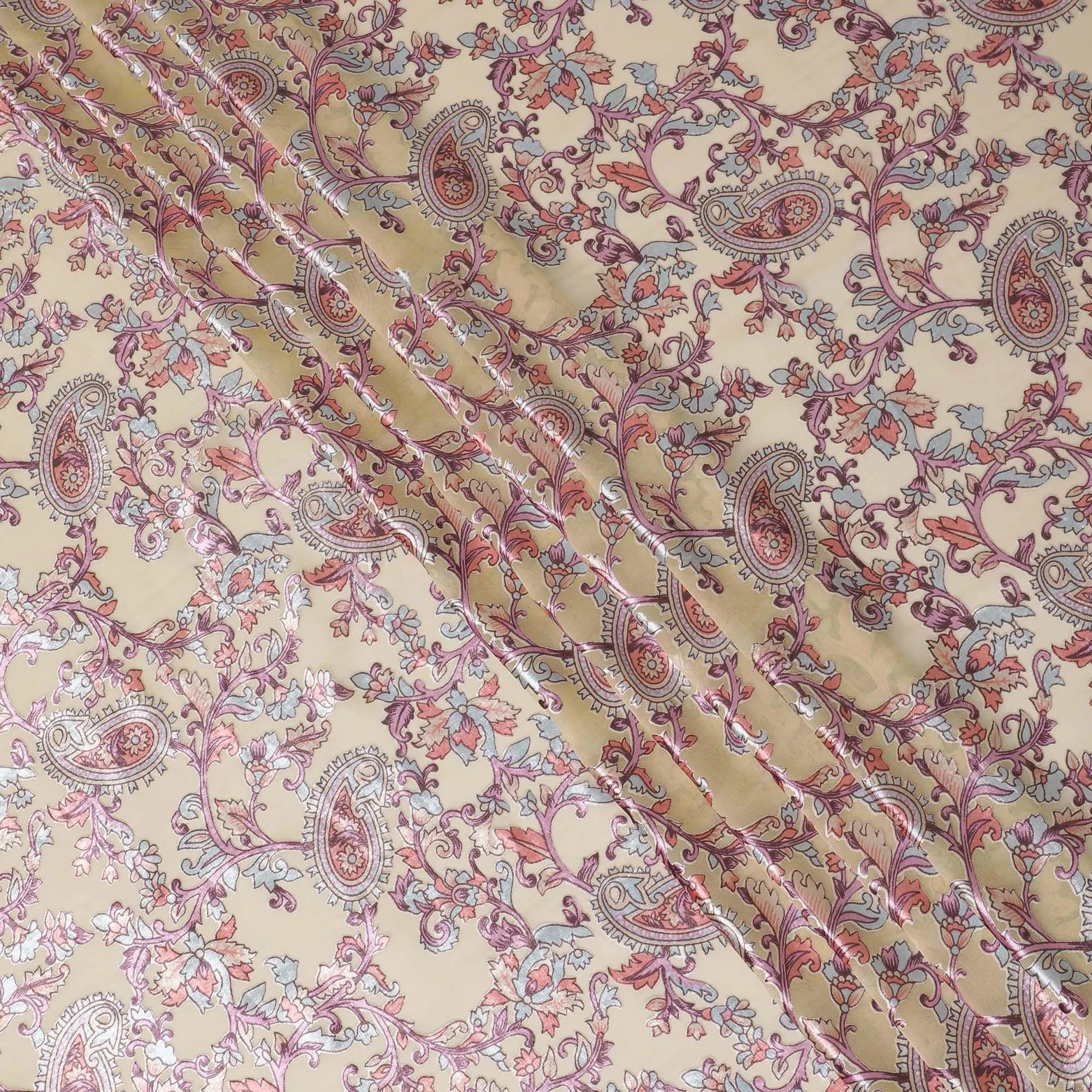 Gold synthetic chiffon fabric with multicolor velvet burnout print in paisley design-D14170