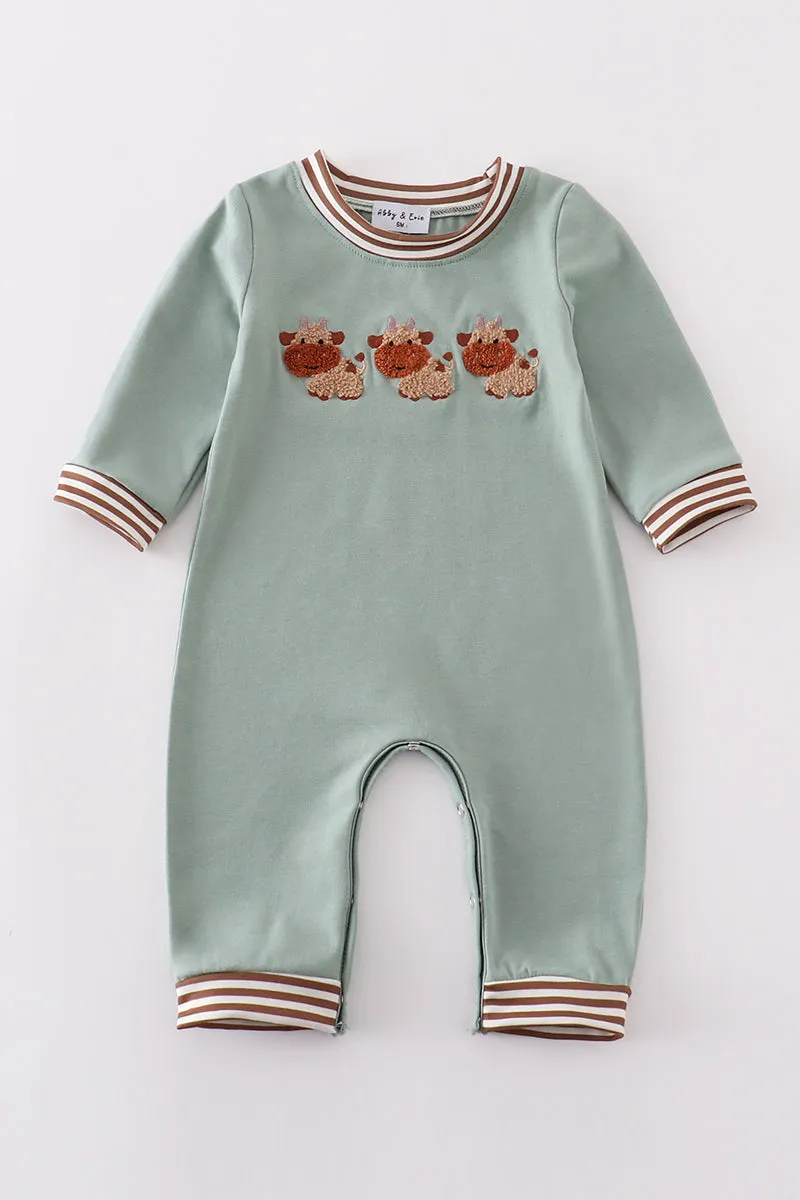 Green farm cow french knot boy romper