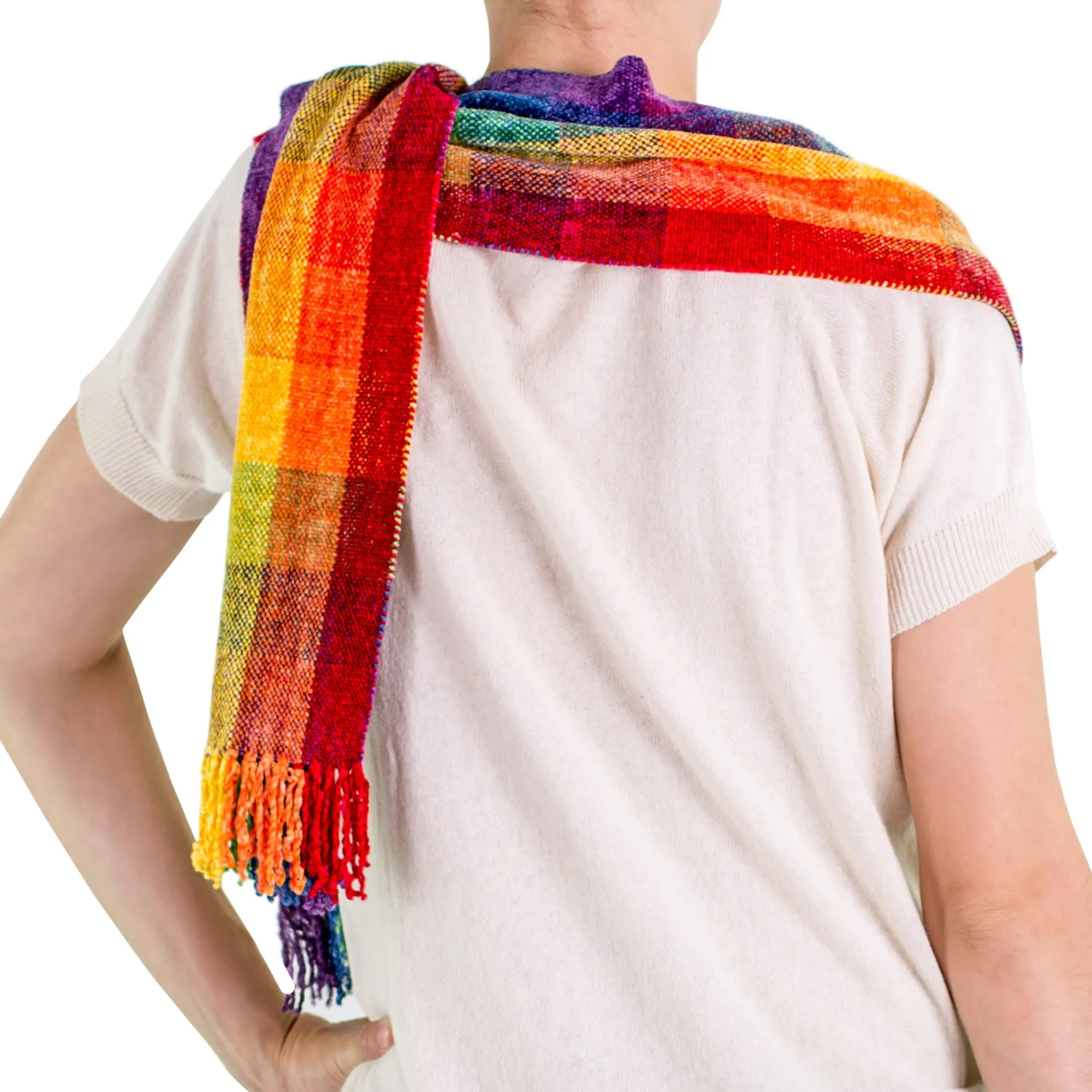 Guatemalan Rainbow Colored Rayon Chenille Scarf - Gift of the Rainbow | NOVICA