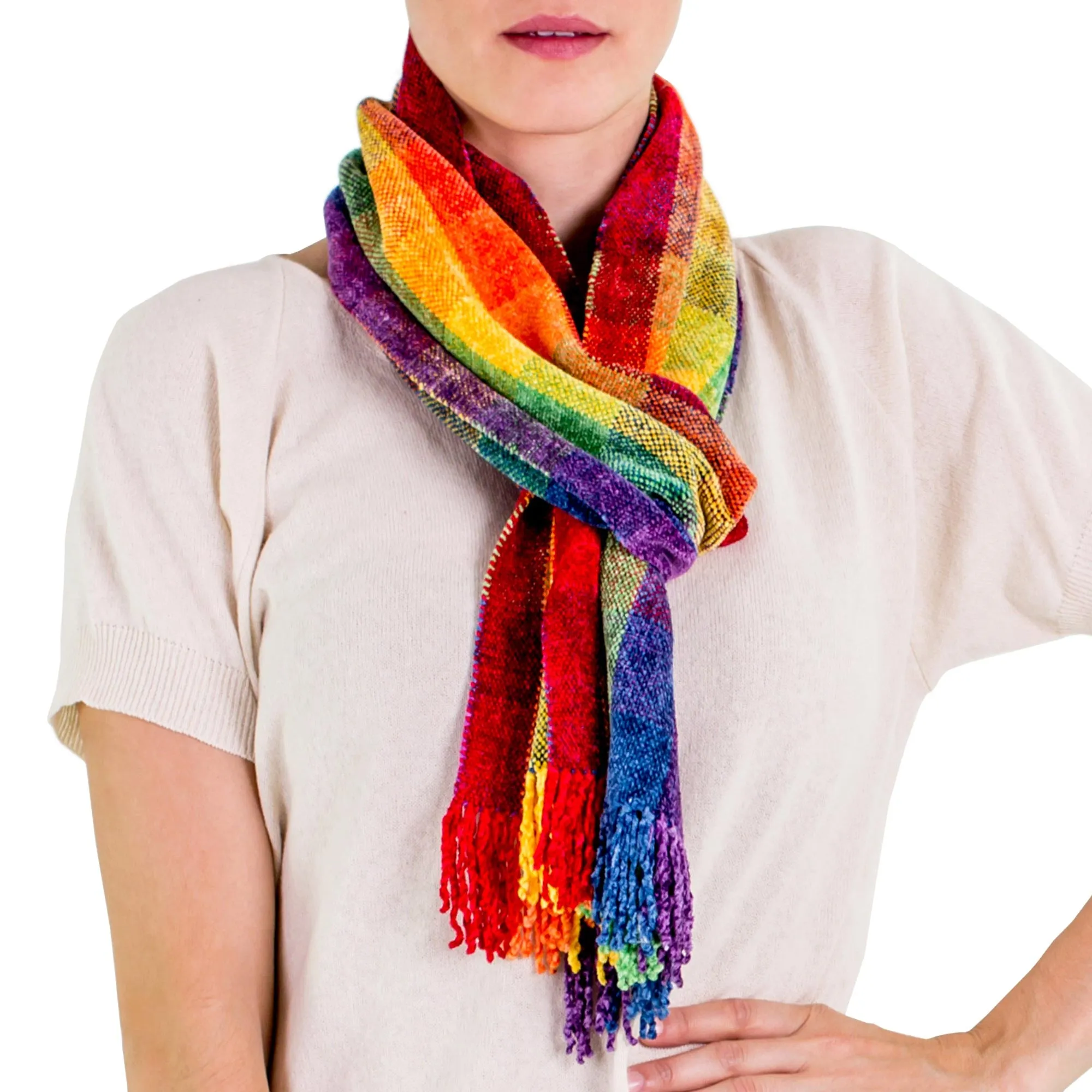 Guatemalan Rainbow Colored Rayon Chenille Scarf - Gift of the Rainbow | NOVICA