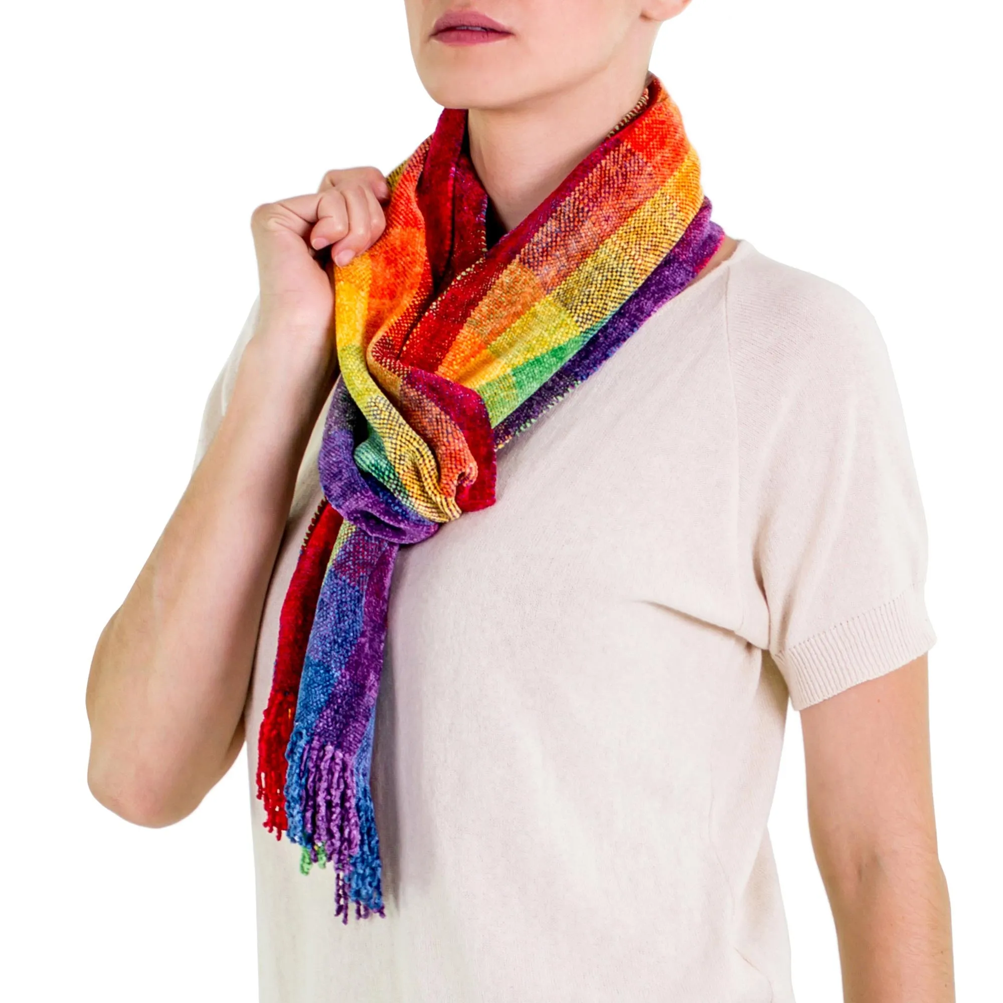 Guatemalan Rainbow Colored Rayon Chenille Scarf - Gift of the Rainbow | NOVICA