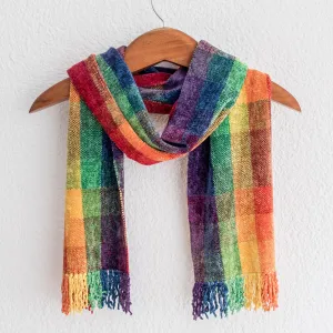 Guatemalan Rainbow Colored Rayon Chenille Scarf - Gift of the Rainbow | NOVICA