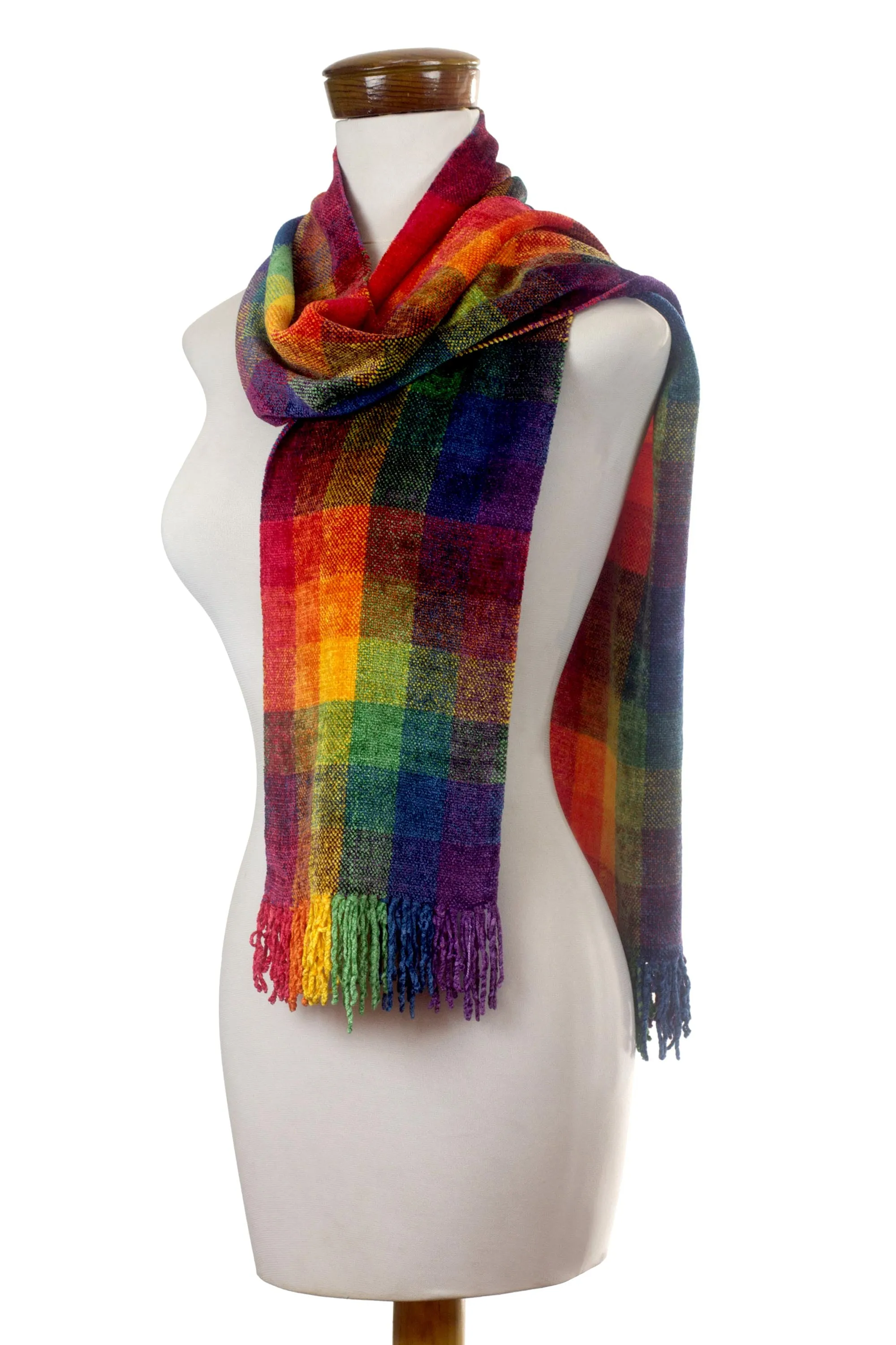 Guatemalan Rainbow Colored Rayon Chenille Scarf - Gift of the Rainbow | NOVICA