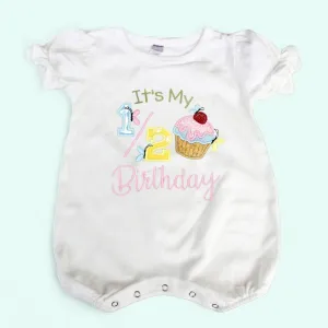 Halfway to One Baby Girl Romper - Sweet Cupcake Embroidery, 1/2 Birthday Outfit