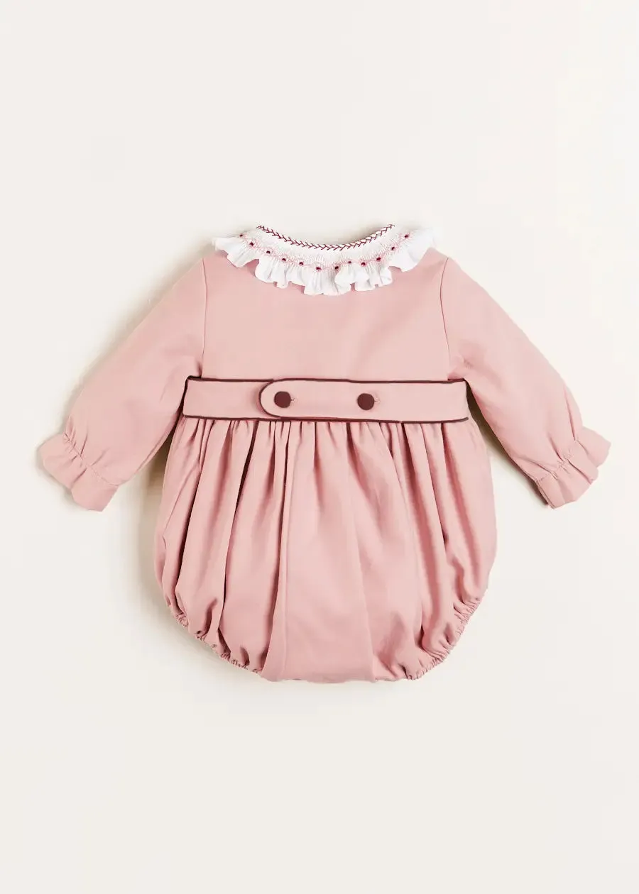 Hand Smocked Double Breasted Long Sleeve Romper in Pink (6mths-2yrs)