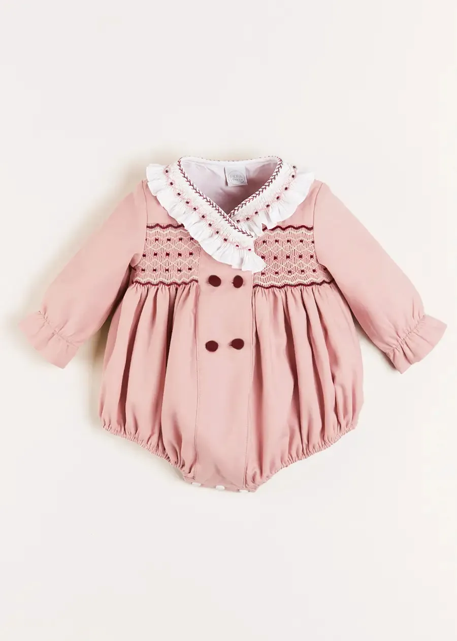 Hand Smocked Double Breasted Long Sleeve Romper in Pink (6mths-2yrs)