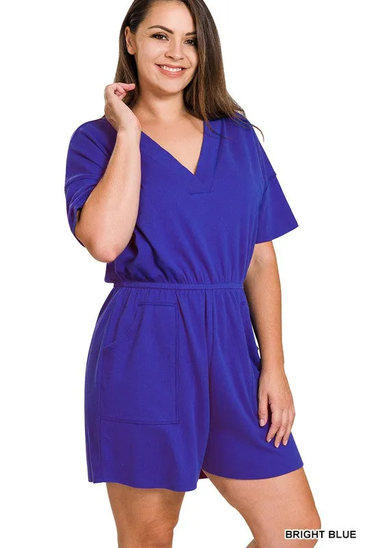 Hi Curvy Plus Size Women Drop Shoulder V-Neck Romper with Pockets