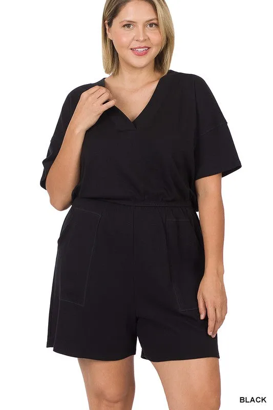 Hi Curvy Plus Size Women Drop Shoulder V-Neck Romper with Pockets