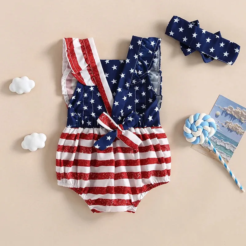 Infant Baby Girls Outfit Rompers 4th Of July Stars Striped Romper Jumpsuit With Hairband