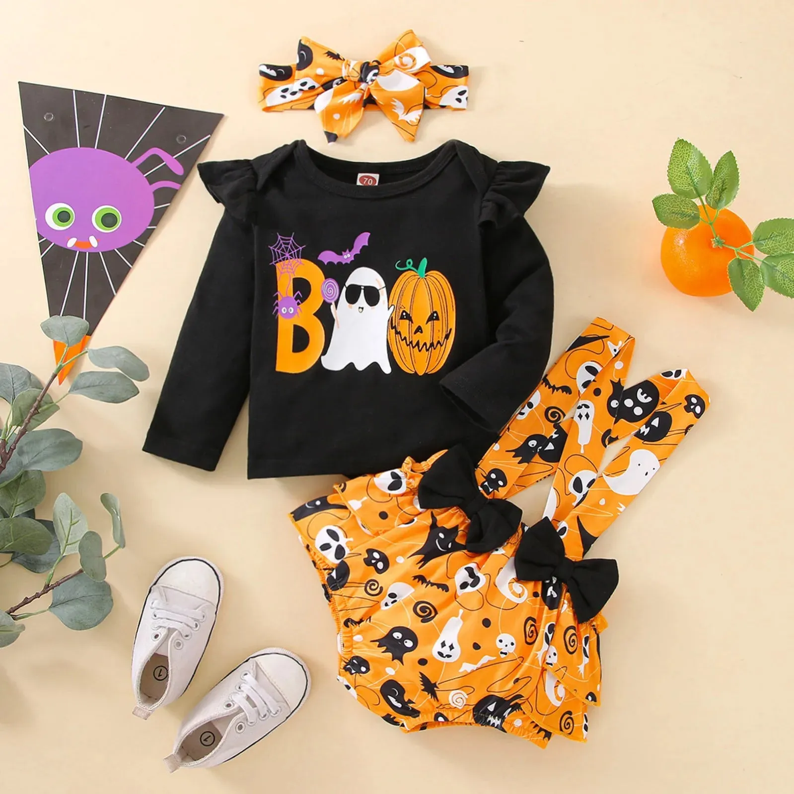 Infant Girls Clothes Sets Pumpkin Print Long Sleeve Tops Suspenders Shorts Headbands My First Halloween Costume 3pcs