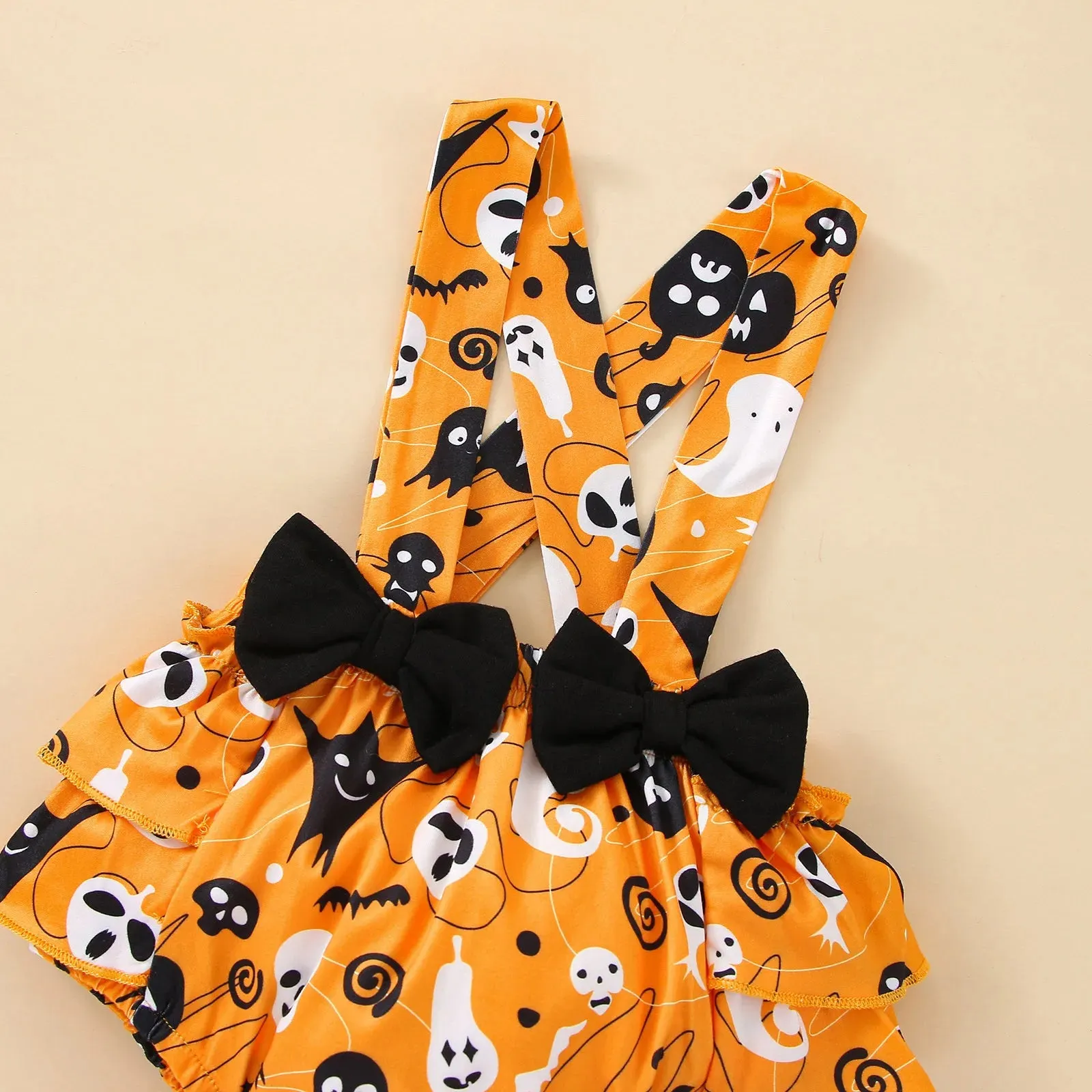 Infant Girls Clothes Sets Pumpkin Print Long Sleeve Tops Suspenders Shorts Headbands My First Halloween Costume 3pcs