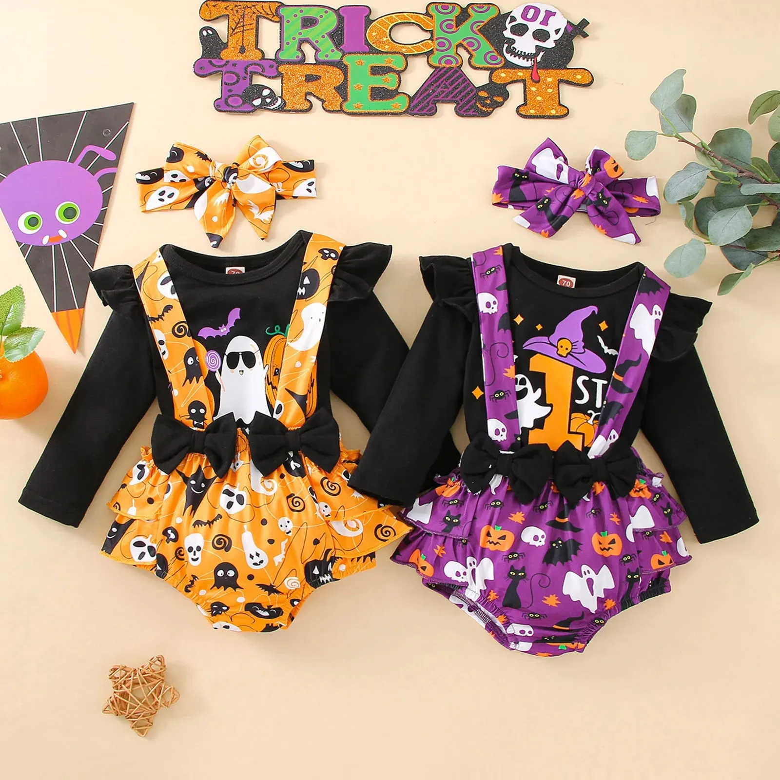 Infant Girls Clothes Sets Pumpkin Print Long Sleeve Tops Suspenders Shorts Headbands My First Halloween Costume 3pcs