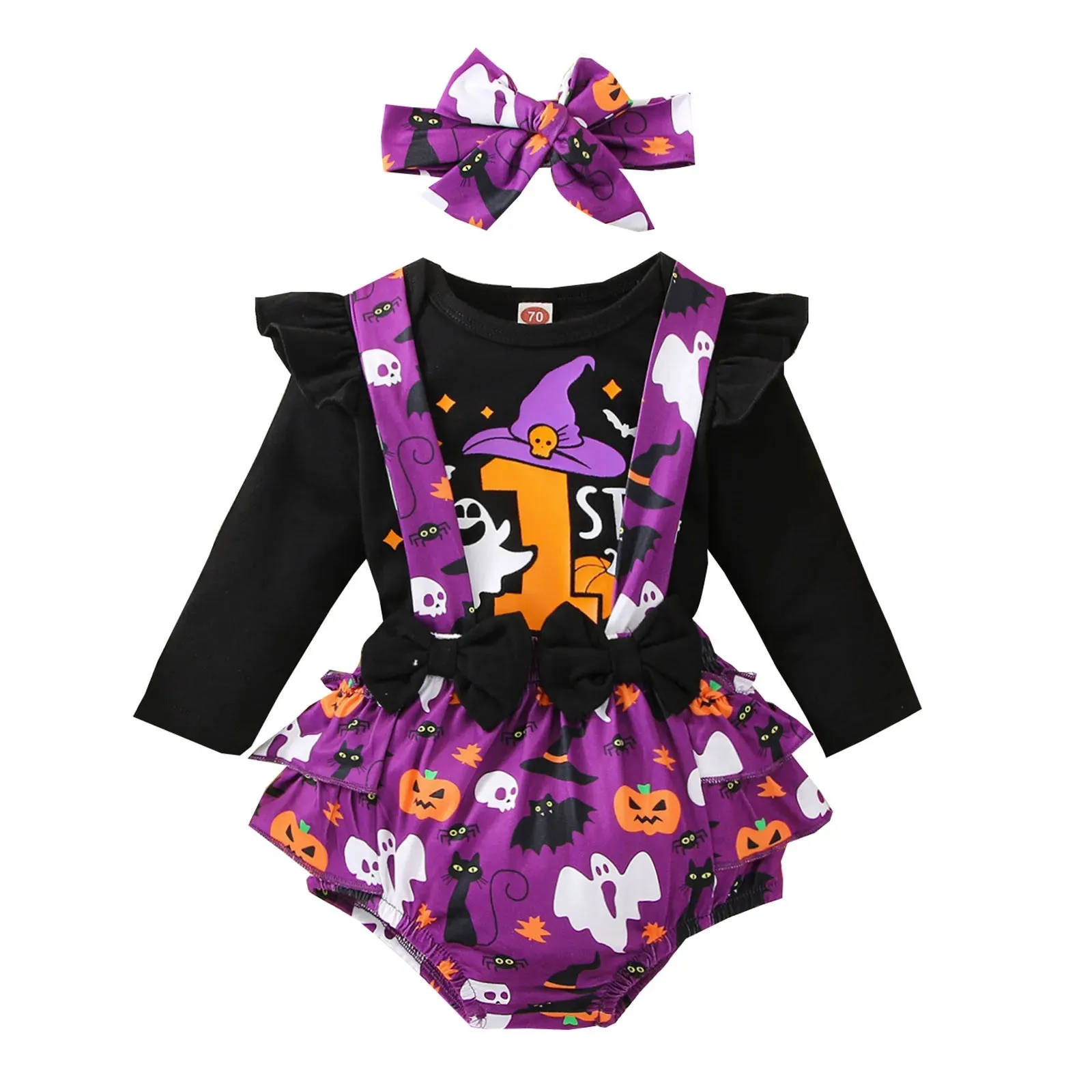 Infant Girls Clothes Sets Pumpkin Print Long Sleeve Tops Suspenders Shorts Headbands My First Halloween Costume 3pcs