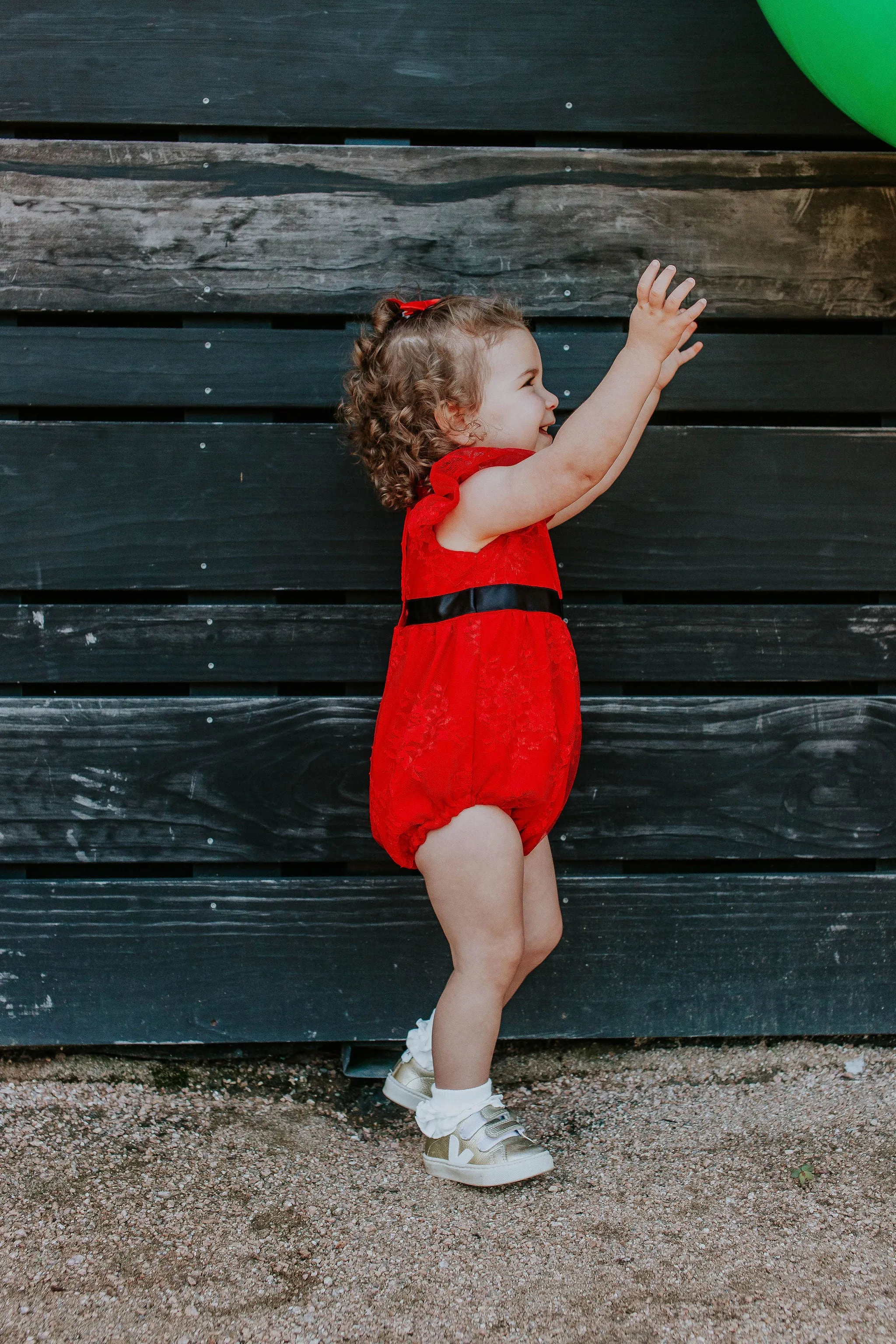 Infant Girl's Red Lace Bubble Romper with Black Satin Sash