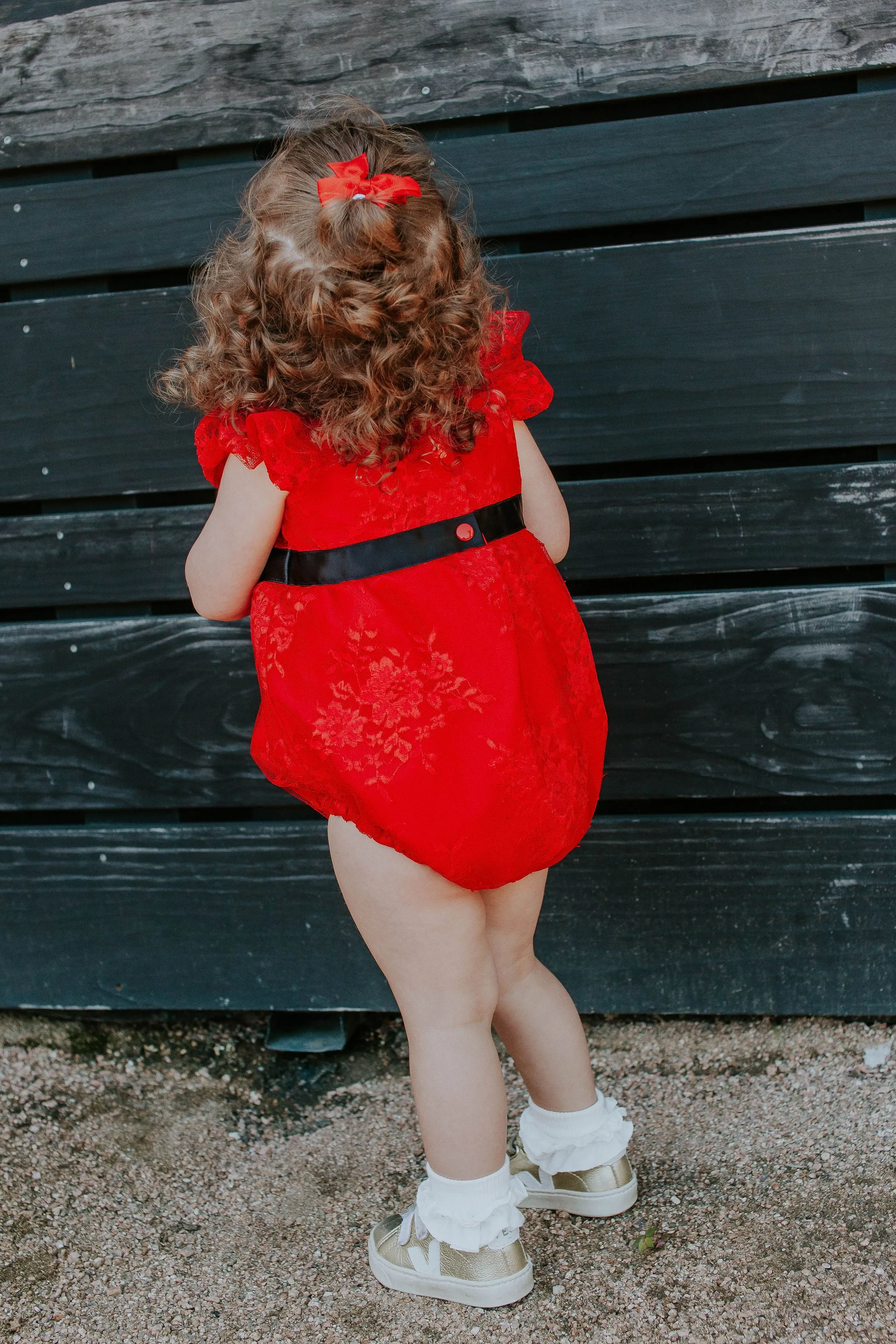 Infant Girl's Red Lace Bubble Romper with Black Satin Sash