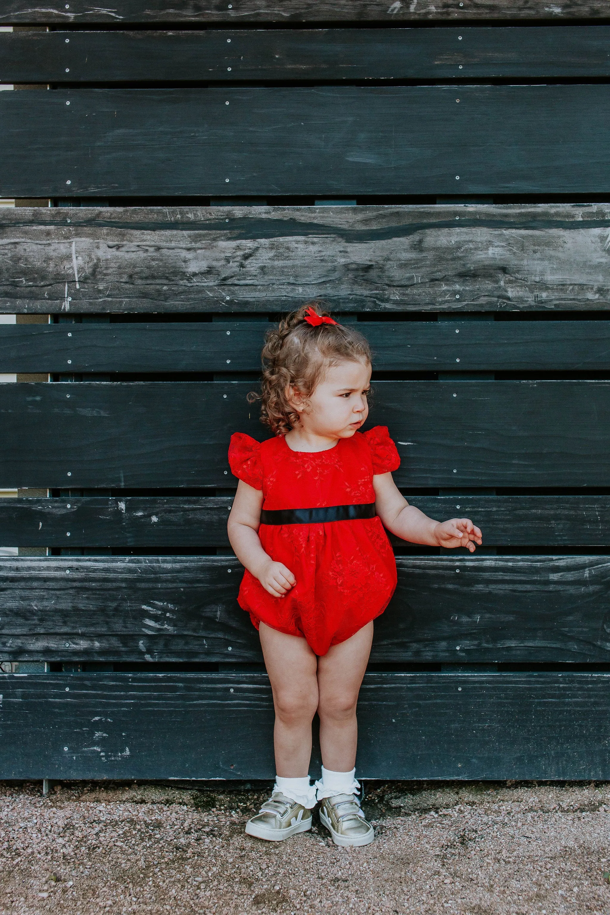 Infant Girl's Red Lace Bubble Romper with Black Satin Sash