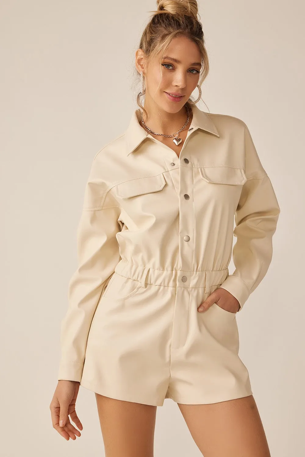 IVORY LONG SLEEVE LEATHER ROMPER