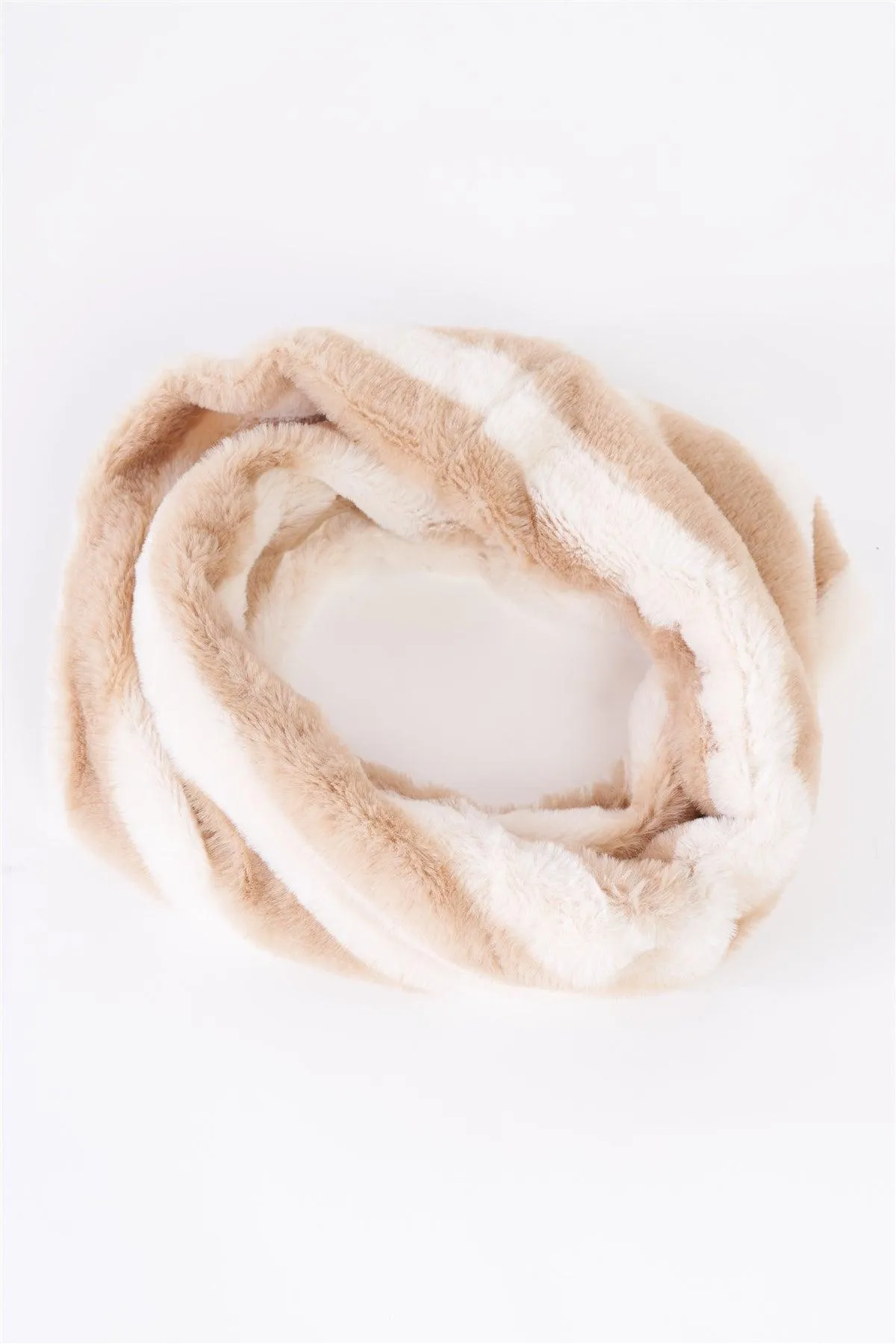 Ivory Striped Fuzzy Faux Fur Twisted Infinity Scarf /3 Pieces