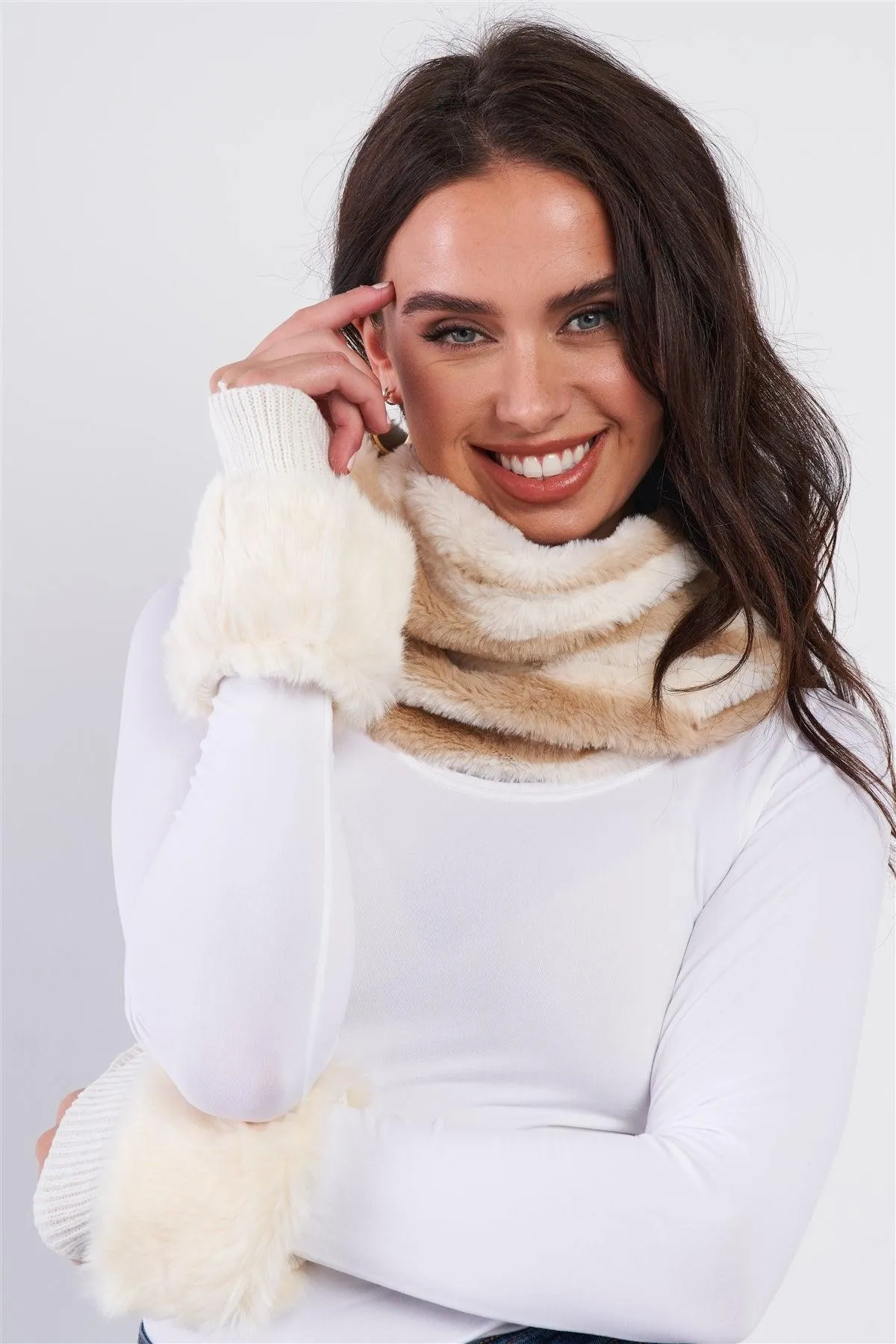 Ivory Striped Fuzzy Faux Fur Twisted Infinity Scarf /3 Pieces