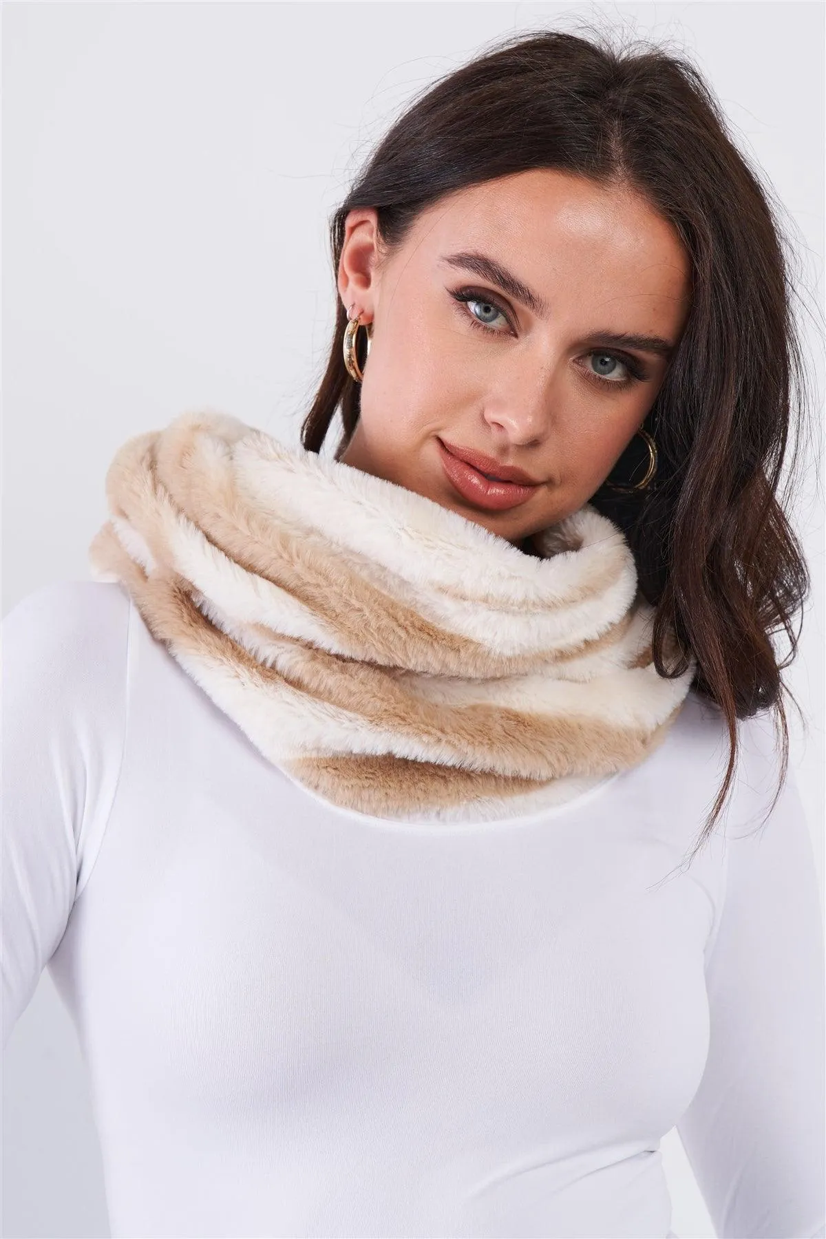 Ivory Striped Fuzzy Faux Fur Twisted Infinity Scarf /3 Pieces