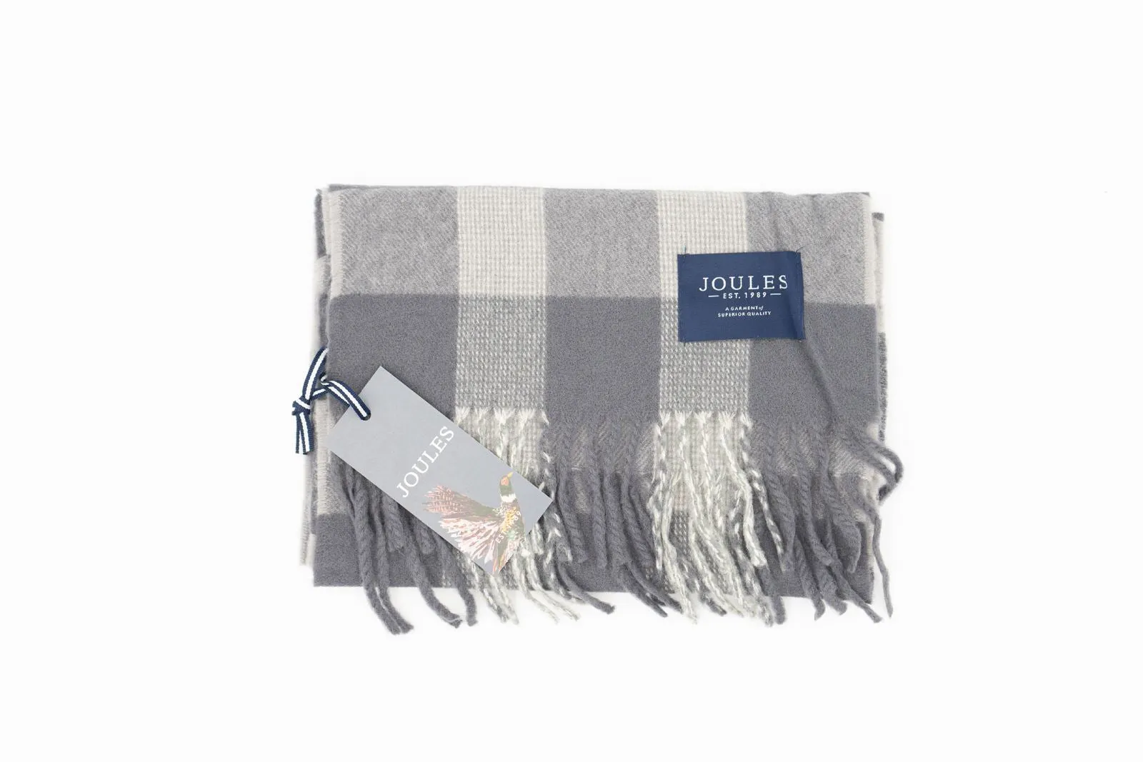 Joules Tytherton Grey Check Brushed Wool Mix Scarf for Men